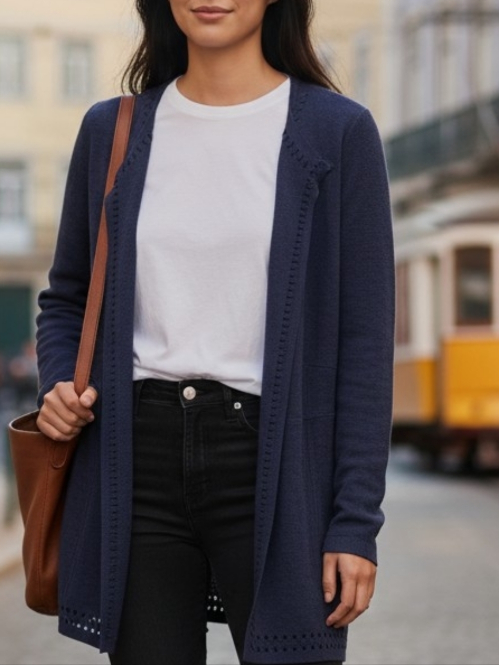Chico's Navy Open-Front Eyelet-Trim Cardigan